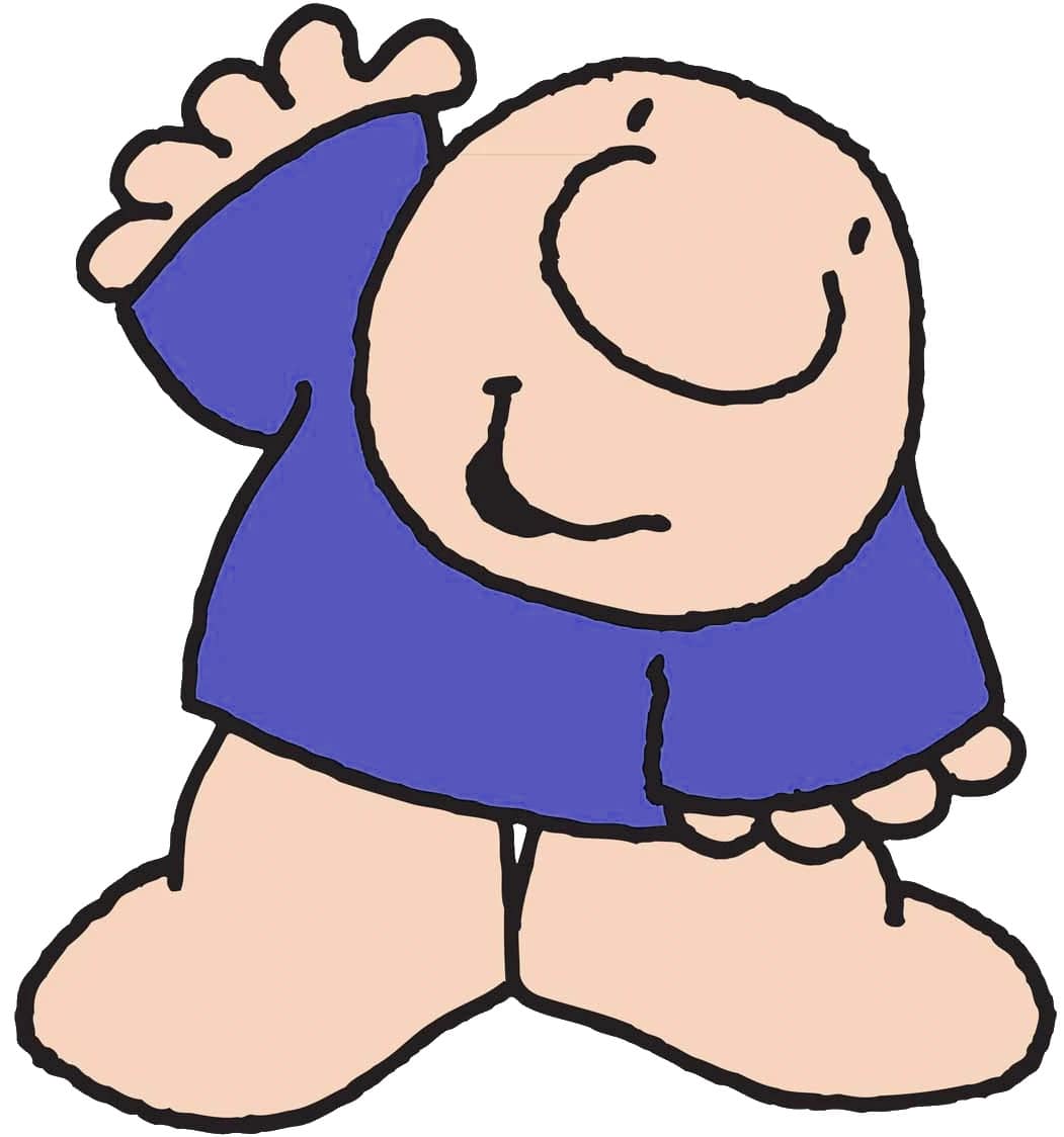 a cartoon human named ziggy in a blue t-shirt and waving their hand